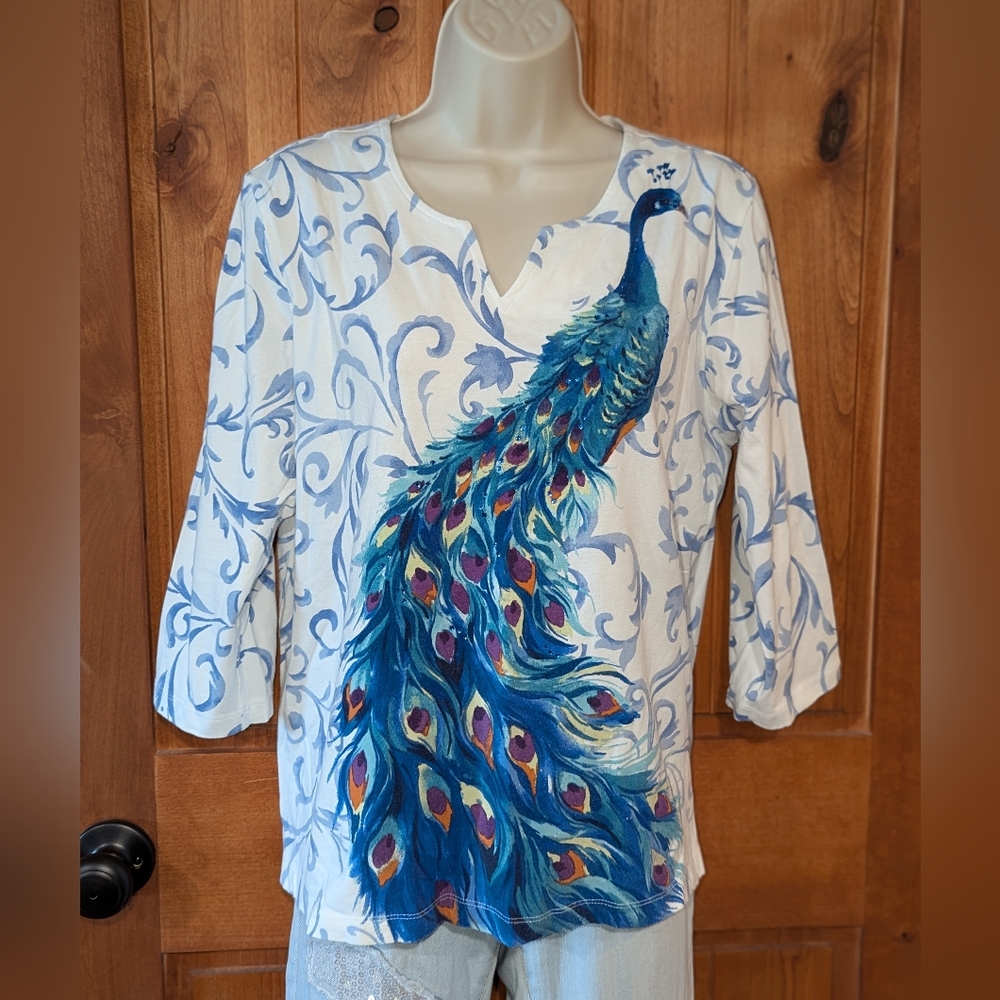 Alfred Dunner Blue Peacock 3/4 Sleeve Top